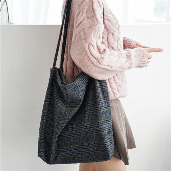 

yile handmade tartan plaids woolen check eco casual tote shopping shoulder bag mn001