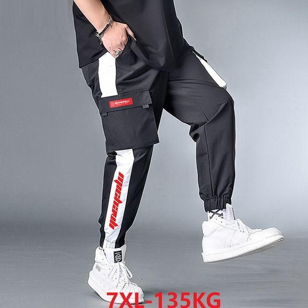 

summer men pencil pants patchwork pockets letter plus size 6xl 7xl high streetwear hip hop pants elasticity oversize cool, Black