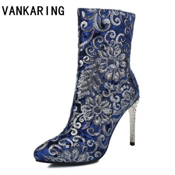 

vankaring shoes 2019 new spring women ankle boots thin high heels round toe shoes woman dress party wedding boots, Black