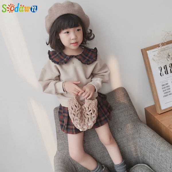 

sodawn baby girl clothes set 2019 autumn winter children clothing set 2pcs sweater plaid skirts kids clothes outfits suit, White