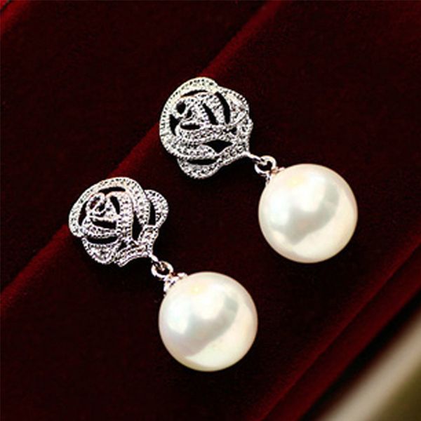 

1pair pearl earrings crystal rose flower classic luxury wedding earrings charm elegant eardrop for women engagement gift, Silver