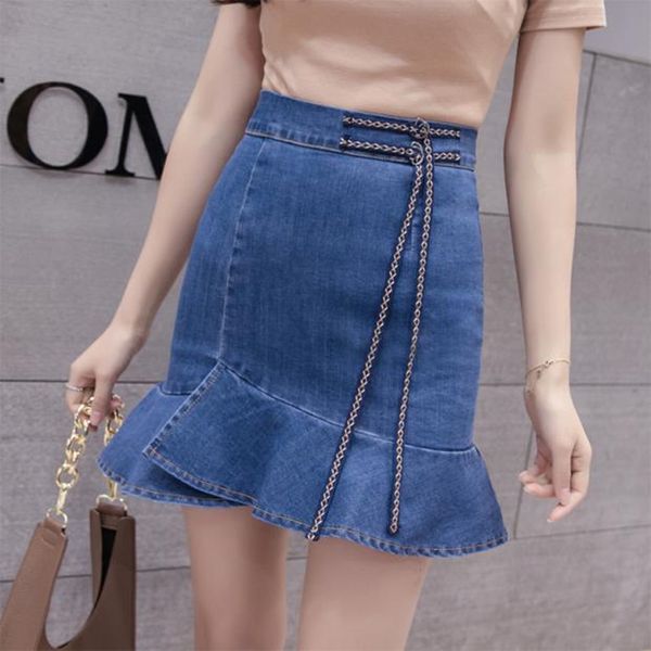 

negash new denim skirt women fashion ruffles pencil skirts blue casual mini jeans skirt mermaid trumpet, Black