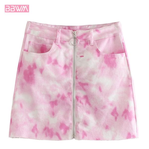 

women's retro tie dyed printed edging zipper denim skirt high waist slim slimming casual a-line skirt 2019 summer, Black