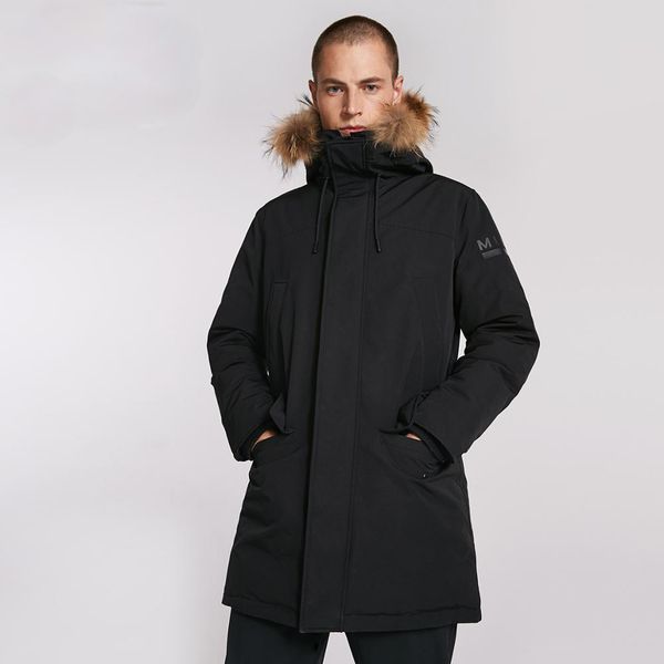 

men's winter fur collar hooded long down jacket hoodie outerwear parka coat menswear, Black
