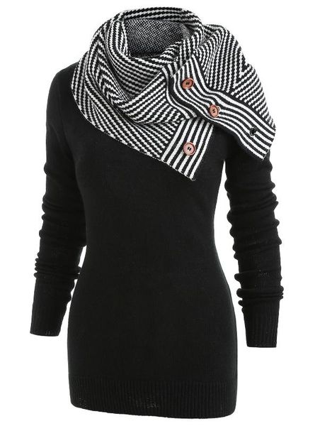 

wipalo plus size pullover sweater women buttons crew neck long sleeve sweater with striped scarf winter knitting ladies, White;black