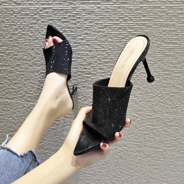 

pointed toe female shoes slippers heels rubber flip flops slides fashion 2020 soft high thin hawaiian peep glitter, Black