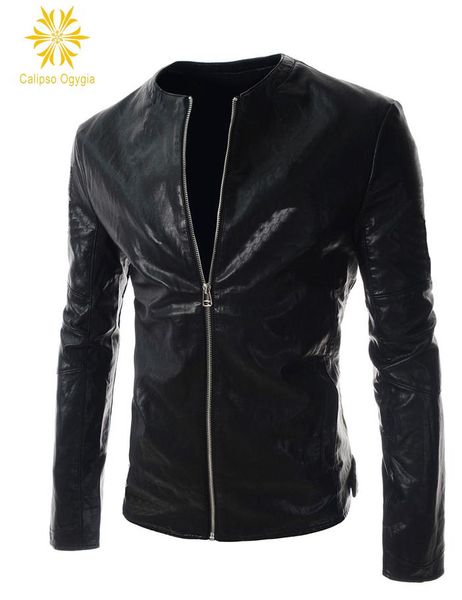 

rtro men's spring straight leather jacket men o neck zippers coat male motorcycle jackets coats coml64 h blouson moto homme, Black
