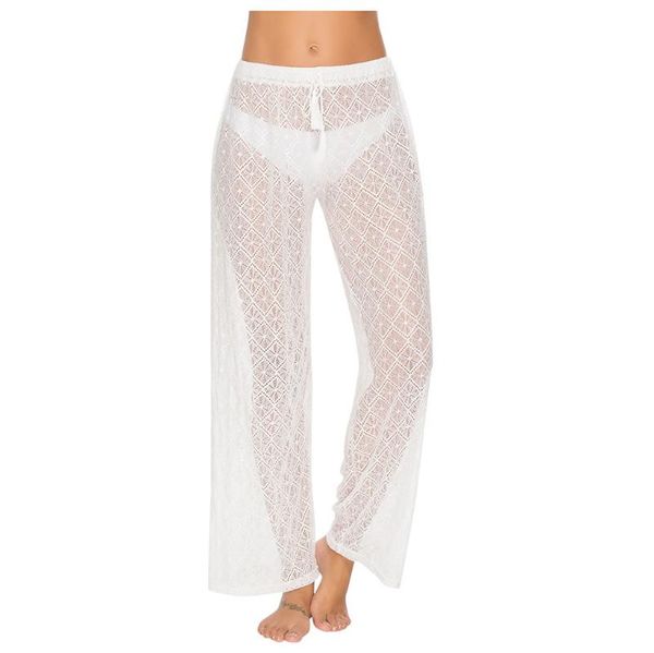 

women fashion spring pants high waist lace low waist semi sheer trousers belt tassel beach pants #37%, Black;white