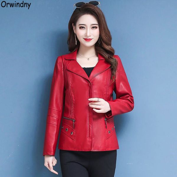 

orwindny mother leather clothing plus size 5xl turn-down collar fashion leather jacket for women zipper large size base coats, Black