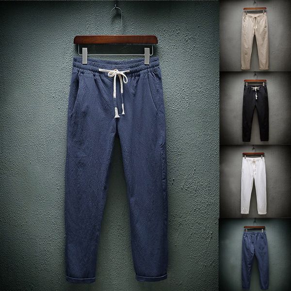 

men's pants 1 pc pantsautumn men casual cotton linen breathable loose long solid color straight elastic waist trousers m0910, Black