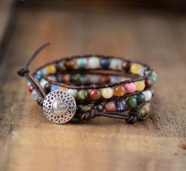 

vintage leather bracelets vibrant natural stones 3 strands wrap bracelets woven strand bracelet handmade beads jewelry dropship, Golden;silver