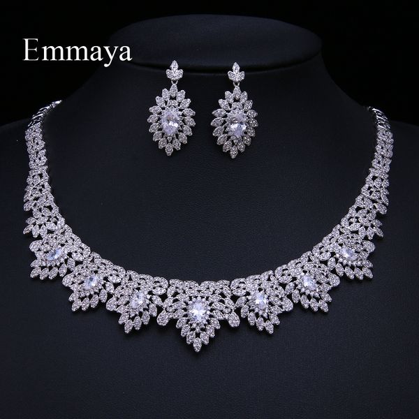 

emmaya crystal bridal jewelry sets silver color round with half zirconia necklace earrings sets for women wedding jewelry