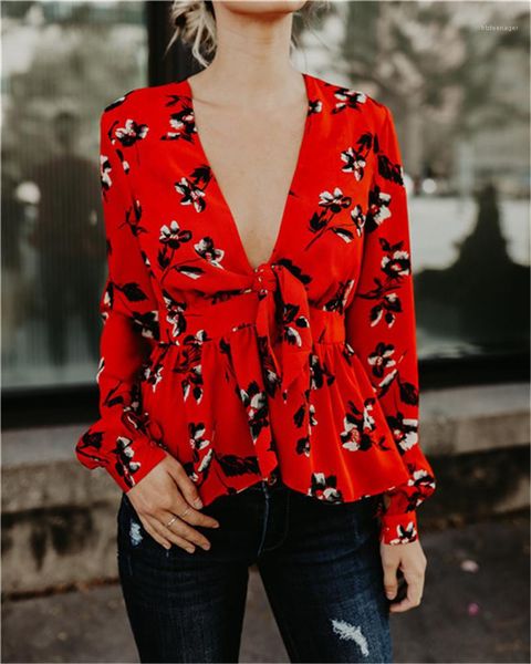 

designer shirts fashion floral printed lace-up v-neck loose casual blouse shirts gorgeous women clothing style womens, White