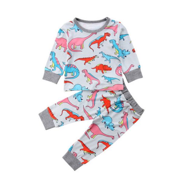 

newborn infant kids baby boys baby girls outfit clothes dinosaur cotton popular long sleeve print t-shirt +pants 2pcs set, White