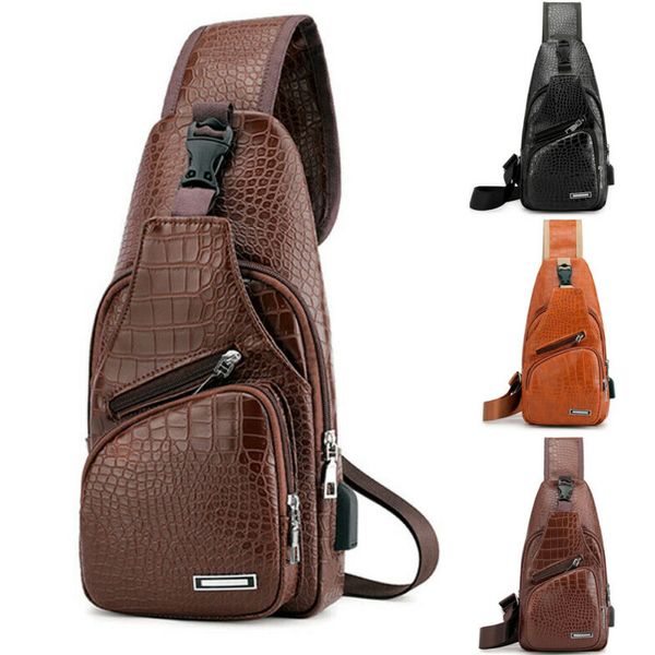 

Men PU Leather Sling Chest Pack Crossbody Sport Shoulder Bag USB Charging
