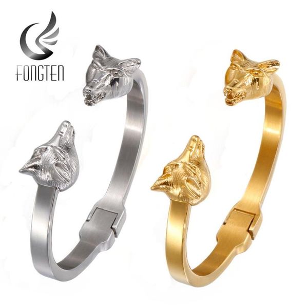 

bangle fongten wolf head men stainless steel gold silver punk men's charm viking bracelet fashion jewelry, Black