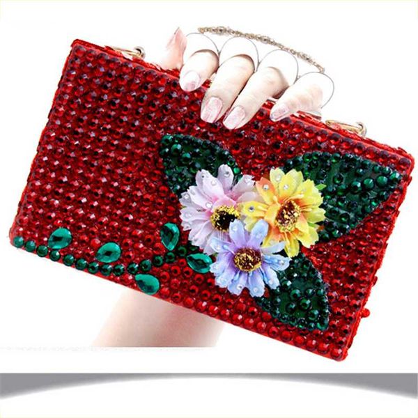 

women clutch bags red crystal luxury handbags leather finger ring evening bag wedding bride purse ladies small shoulder bags