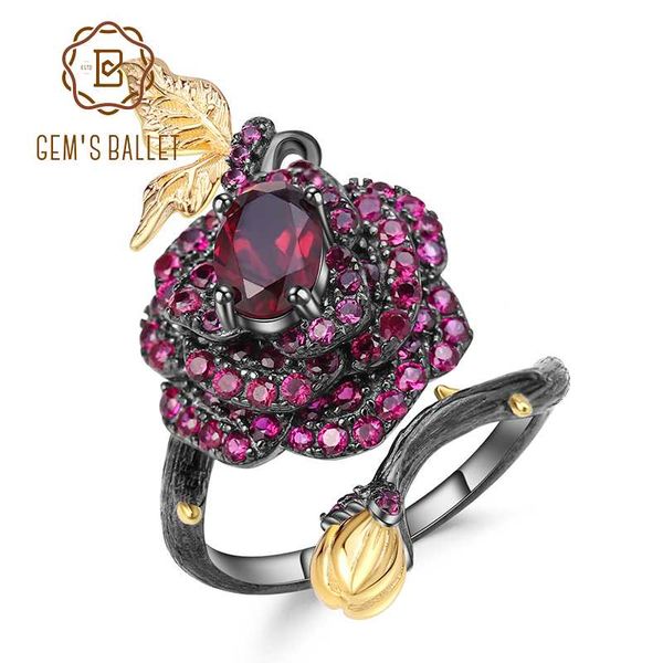 

gem's ballet 1.00ct natural rhodolite garnet rose flower ring 925 sterling silver handmade adjustable open ring for women bijoux, Golden;silver