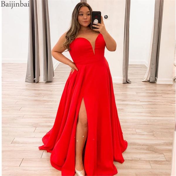 

baijinbai sweetheart chiffon evening dresses long with back lace-up red wedding guest prom formal gowns side slit plus size, White;black
