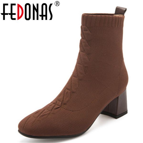 

fedonas knit style women autumn winter ankle boots stretch slim short boots high heels party casual square toe shoes woman, Black