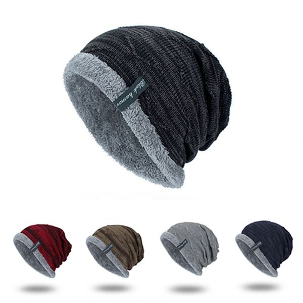 

wholesale 5 colors male thicken knitted woolen caps winter men knitted wool hat plus velvet breathable warm hats outdoor elastic dh0770