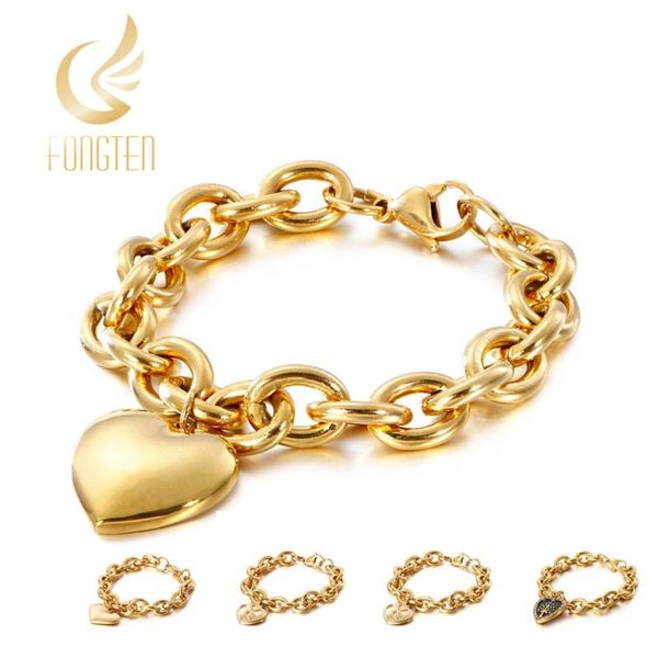 

11mm width big love heart charm couple bracelet men women metal link chain silver/gold trendy jewelry, Black