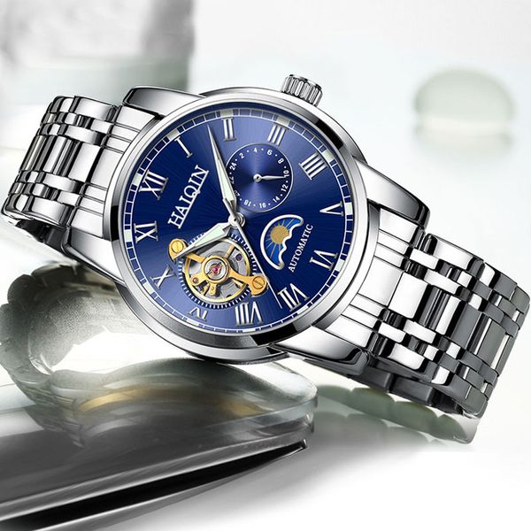 

haiqin men's mechanical watches for men automatic watch men moon phase waterproof wristwatch mens relojes hombre 2019, Slivery;brown