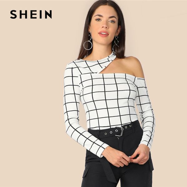 

shein black and white asymmetric cutout neck grid fitted plaid tee 2019 spring round neck modern lady women tees