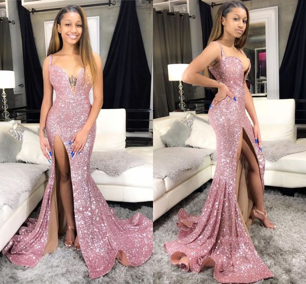 

split mermaid evening dresses 2020 sequined black girls african pink prom dress evening gowns robes de soirÃ©e vestidos de fiesta, Black;red