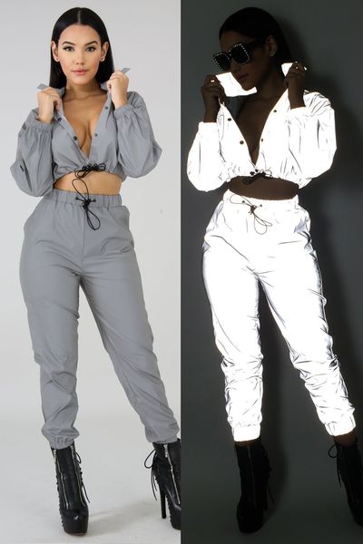 

Women Designer 3M Reflective Suits Crop Top Pants 2pcs Clothing Sets Casual Fashion Two Piece Pants