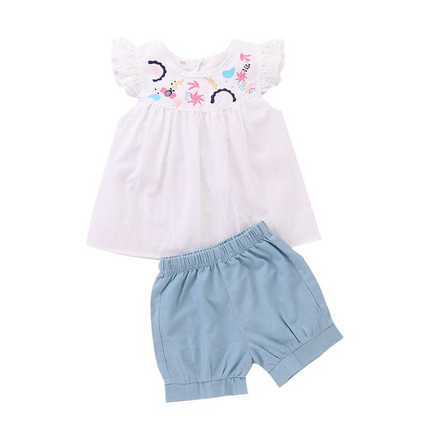 

2019 summer kid baby girls clothes set flare sleeve embroidery floral design t-shirt +shorts suits casual outfits sets cute 2pcs, White