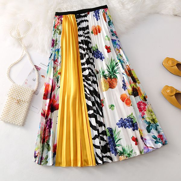 

women pleated skirt fashion 2019 elastic high waist cartoon skirt women spring summer midi skirts a line long skirt for women, Black