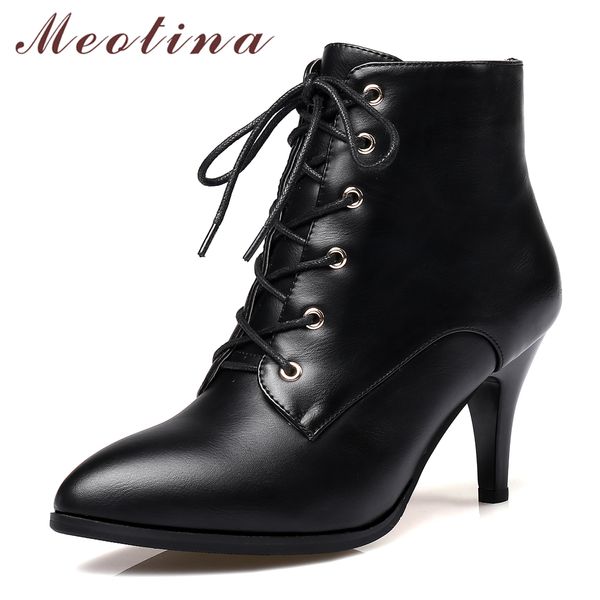 

meotina ankle boots winter women boots lace up high heel short boots pointed toe square heel shoes female zipper plus size 33-43 t200425, Black