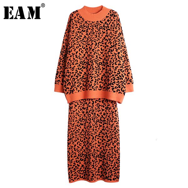 

eam] half-body skirt leopard knitting two pieces suit new turtleneck long sleeve women fashion spring autumn 2019 19a-a425, White