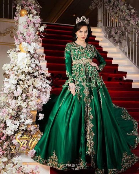 Vestidos de noite muçulmanos verde caçador esmeralda Luxo ouro rendado saree frisado kaftan dubai ayaba plus size vestido de baile robe de so