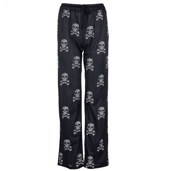 

2018 women pants casual low waist flare wide leg long pants palazzo trousers skull printed pajama pants, Black;white