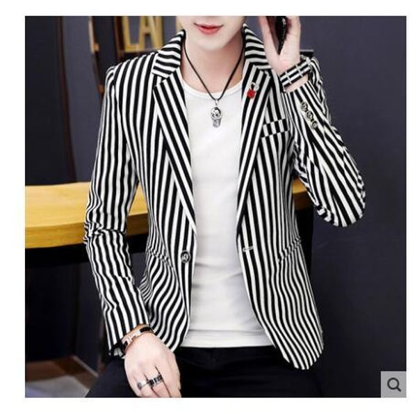

2019 spring men's suit korean version of the trend of stripes small suit men's night show handsome casual single coat jacket, White;black