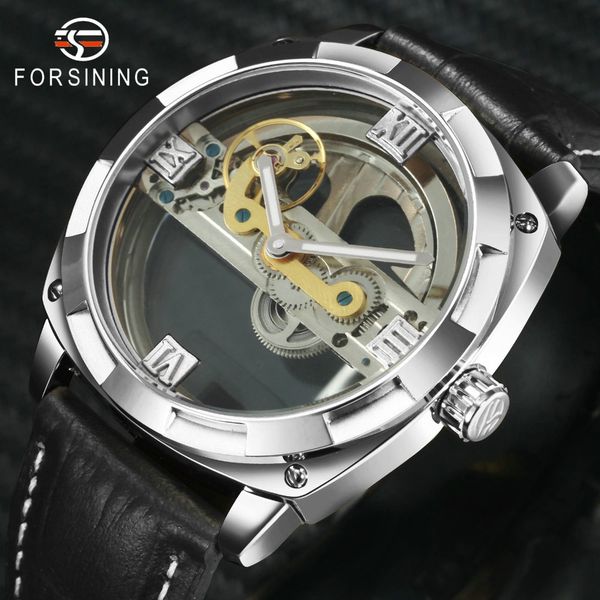 

forsining vintage golden bridge mechanical watch men genuine leather strap classic design automatic wrist watch, Slivery;brown