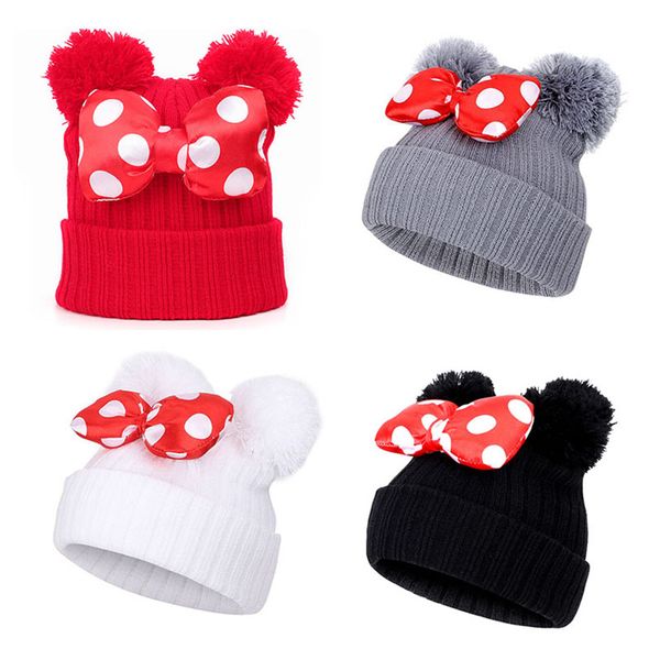 2020 4 colori Baby Pom Pom Beanie Cap Bambino Bambini Neonate Inverno caldo Cappello lavorato a maglia all'uncinetto Doppia palla di pelo Dot Bow Stampato Bow Hats M748