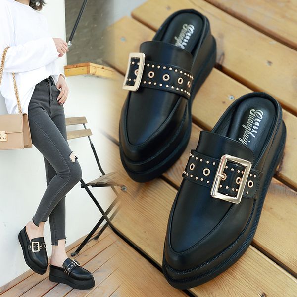 

platform shoes wedges metal belt buckle pointed toe slippers slingbacks mules creepers muffin slides black brief flip flops 2020