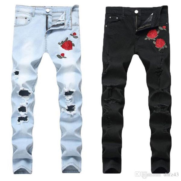 

luxury rose embroidered jeans new designer men jeans famous brand slim fit mens printed jeans biker denim pants, Blue