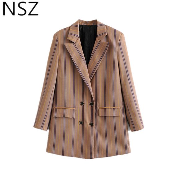

nsz women vintage striped blazer long sleeve double breasted office work lady suit jacket coat elegant chic outerwear, White;black