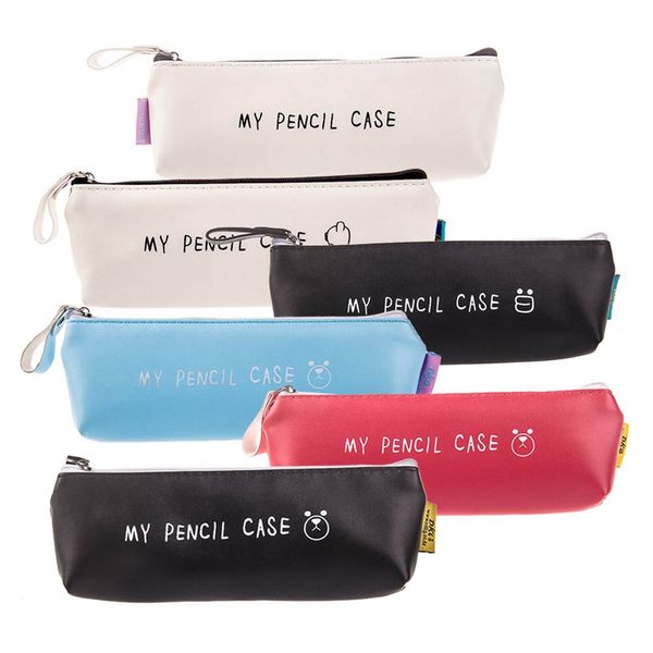 

cartoon triangle my pencil case classical black and white color waterproof pu leather pencil case school stationery pen bag