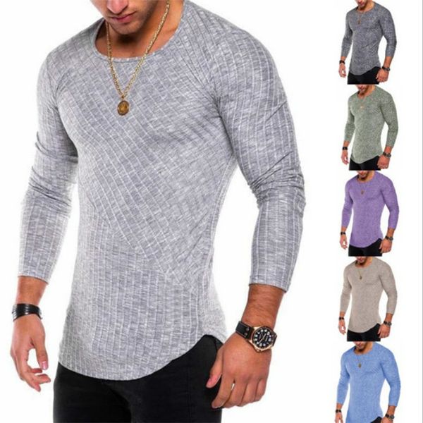

men's long sleeve t-shirts 2018 pit stripe solid color splicing circular arc bottom line pullover o- neck men's t - shirt, White;black