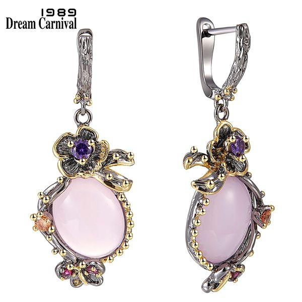 

dreamcarnival 1989 pick drop earrings for women wedding party dangle earings pink opal stone fashion accessories gift we3878 j190628, Golden