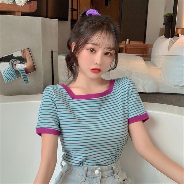 

2020 all-match striped square collar slim collarbone short-sleeved t-shirt cotton ~ 2020 all-match striped square collar slim collarbo, White