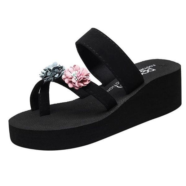

jaycosin slippers flowers female shoes women's summer bohemian clip toe flip flops non-slip wedges slippers home floor, Black