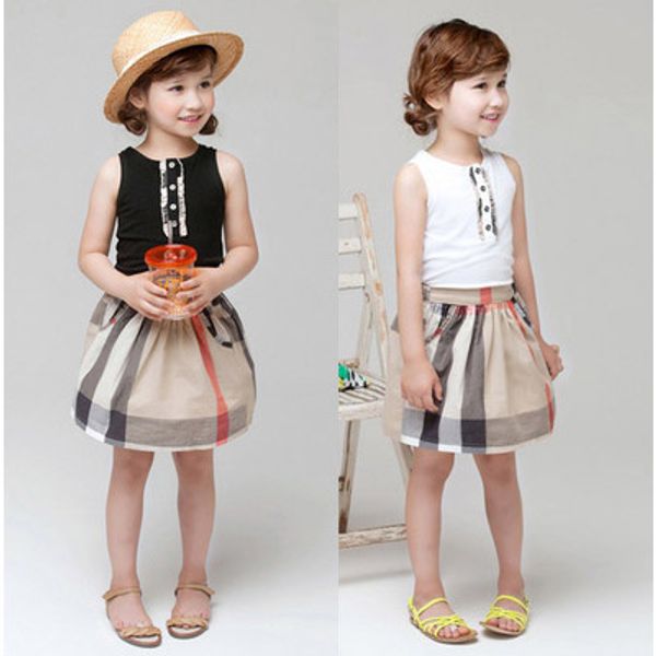 

children designer sets girls brand suits kids luxury +skirts piece children fashion plaid print set 2020 new summer selling, White