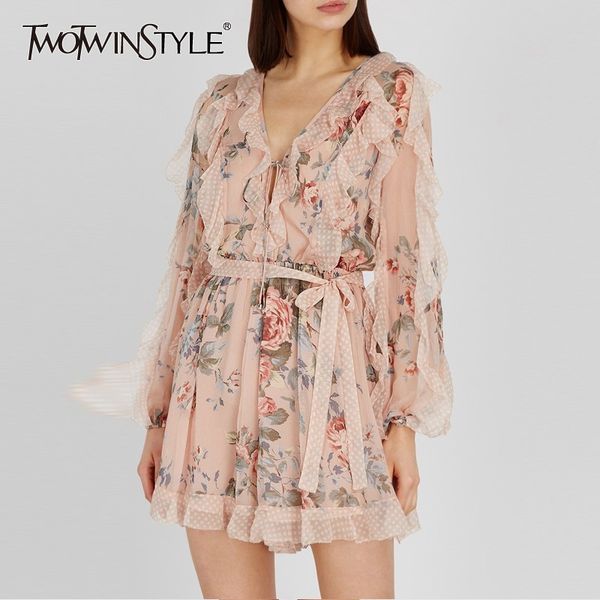 

twotwinstyle vintage print jumpsuit women v neck high waist ruffles lace up long sleeve female jumpsuits 2019 summer fashion new, Black;white