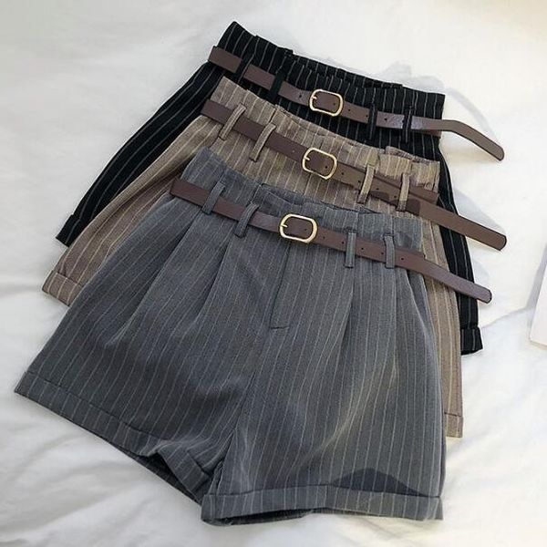 

korean fashion women high waist striped shorts office lady working elegant shorts with belt summer, White;black